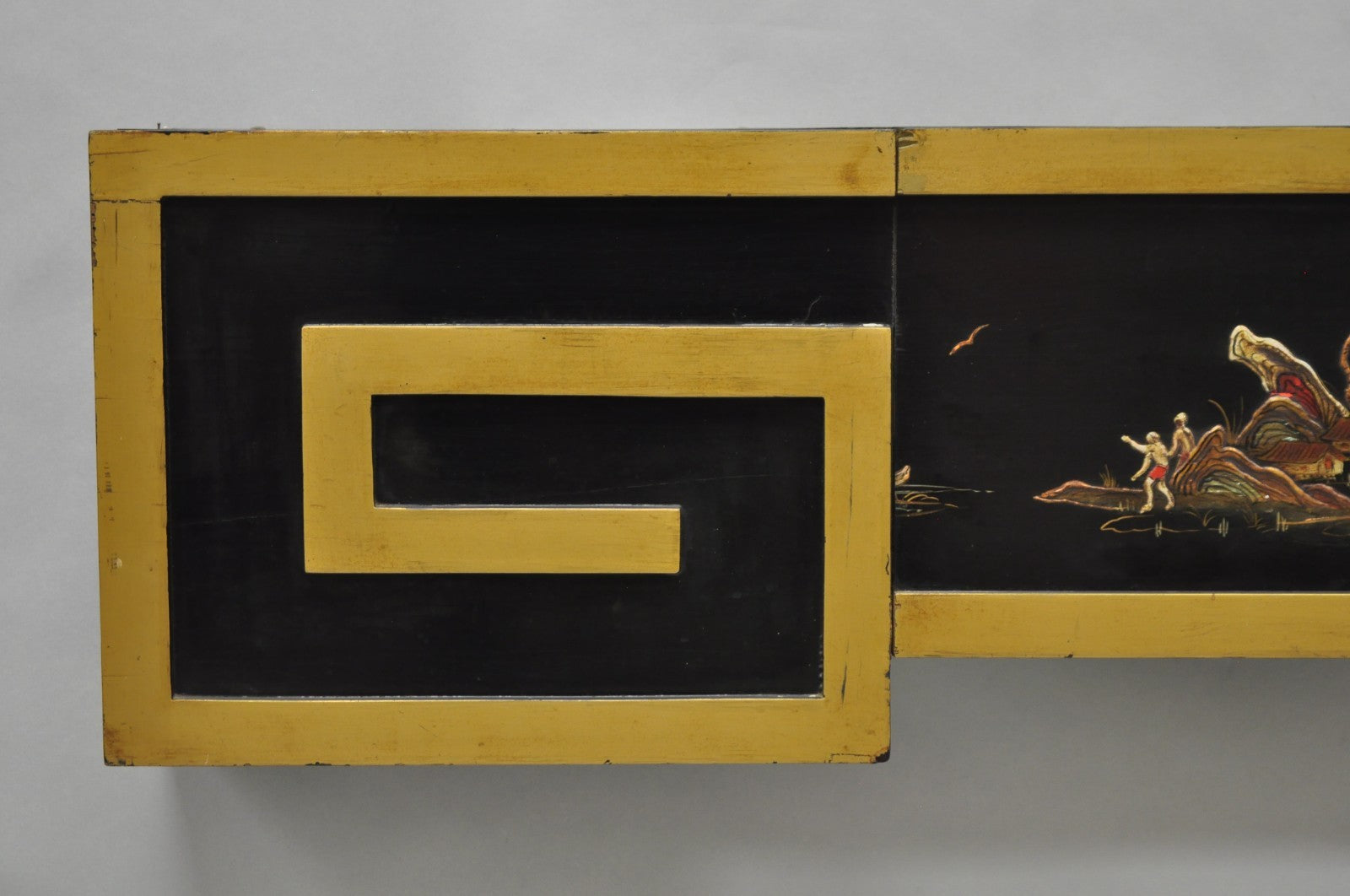 Vintage Chinoiserie Oriental Black Lacquer & Gold Greek Key 77" Window Valance
