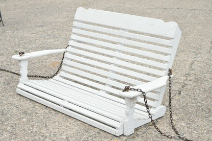 Vintage White Painted Wooden Slat Hanging Garden Patio Bench Love Seat Swing