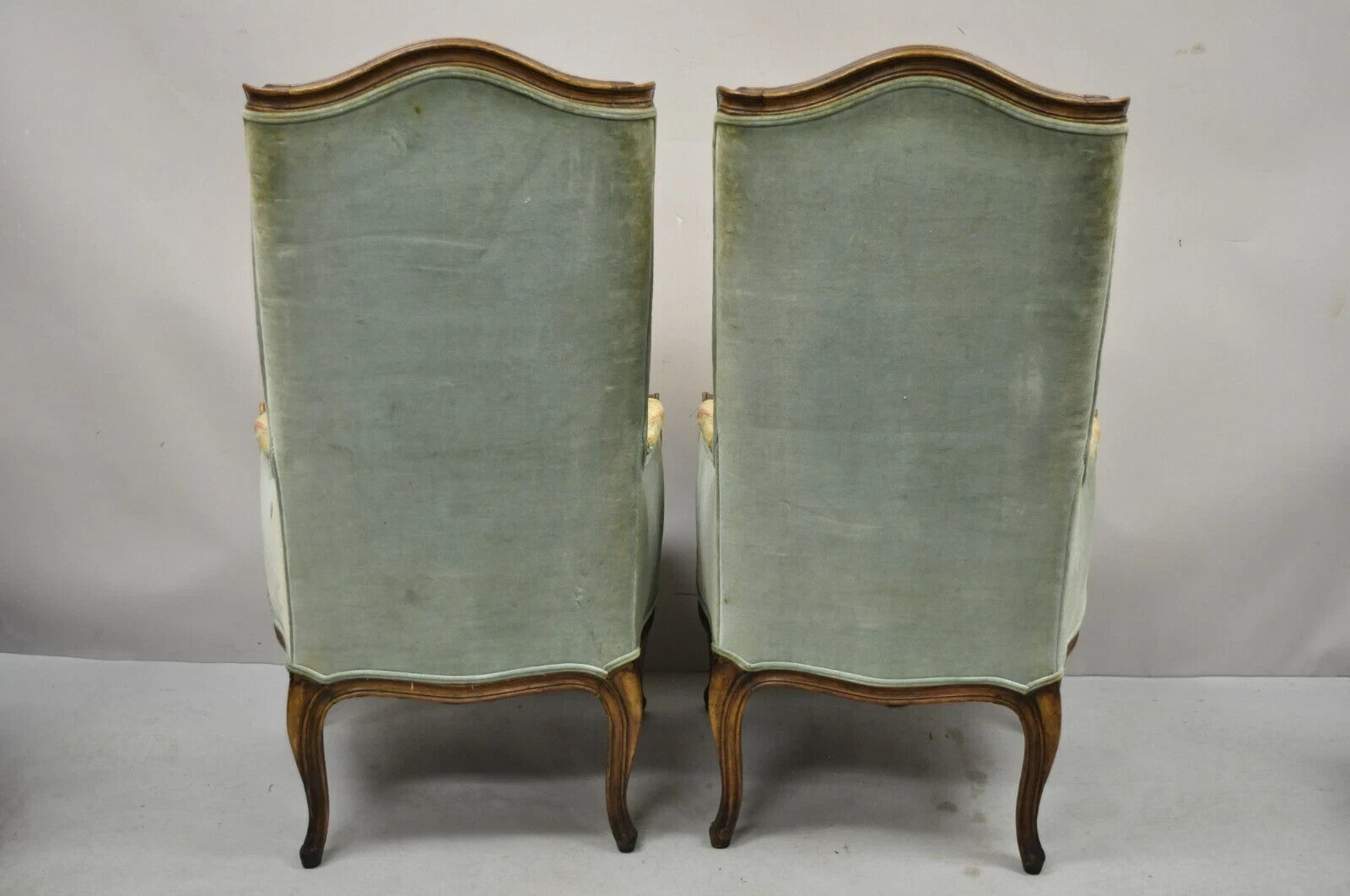 Vintage French Country Provincial High Back Walnut Arm Chairs (A) - a Pair