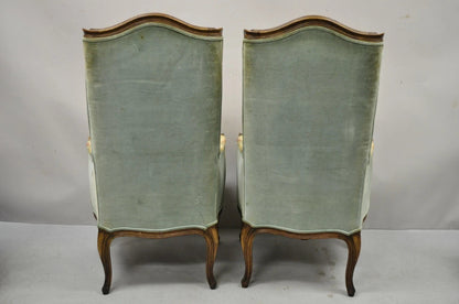 Vintage French Country Provincial High Back Walnut Arm Chairs (A) - a Pair