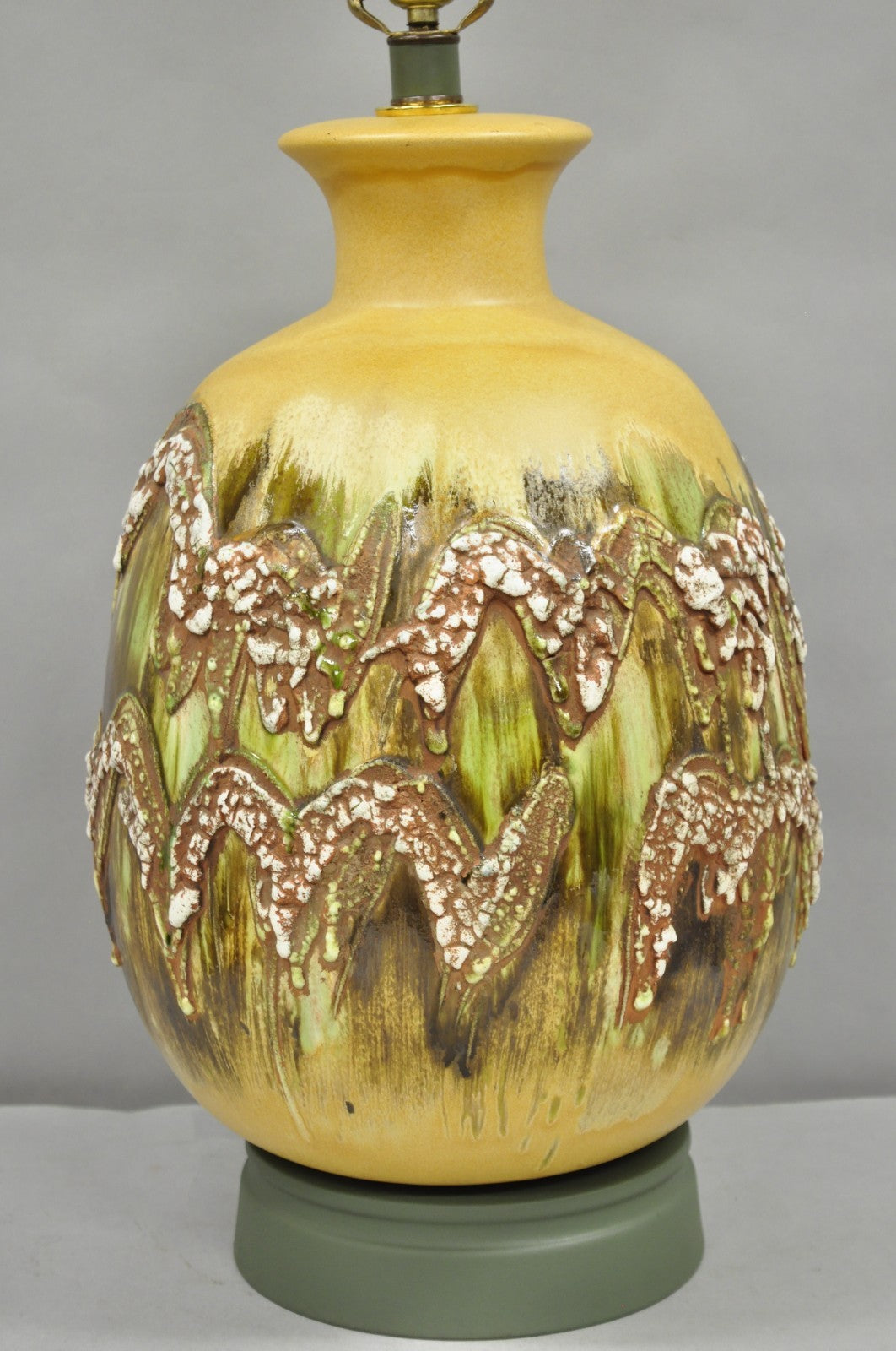 Mid Century Modern Large Volcanic Glazed Pottery Yellow & Green Table Lamp