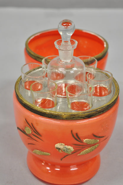 Art Deco Czech Glass Egg Orange Coralene Hinged Liquor Tantalus Cordial Set