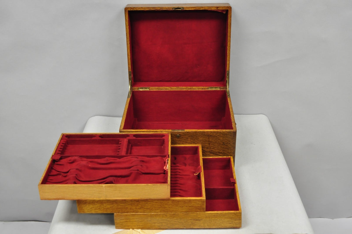 Antique Arts & Crafts Quartersawn Oak Fitted Silverware Case Flatware Chest Box