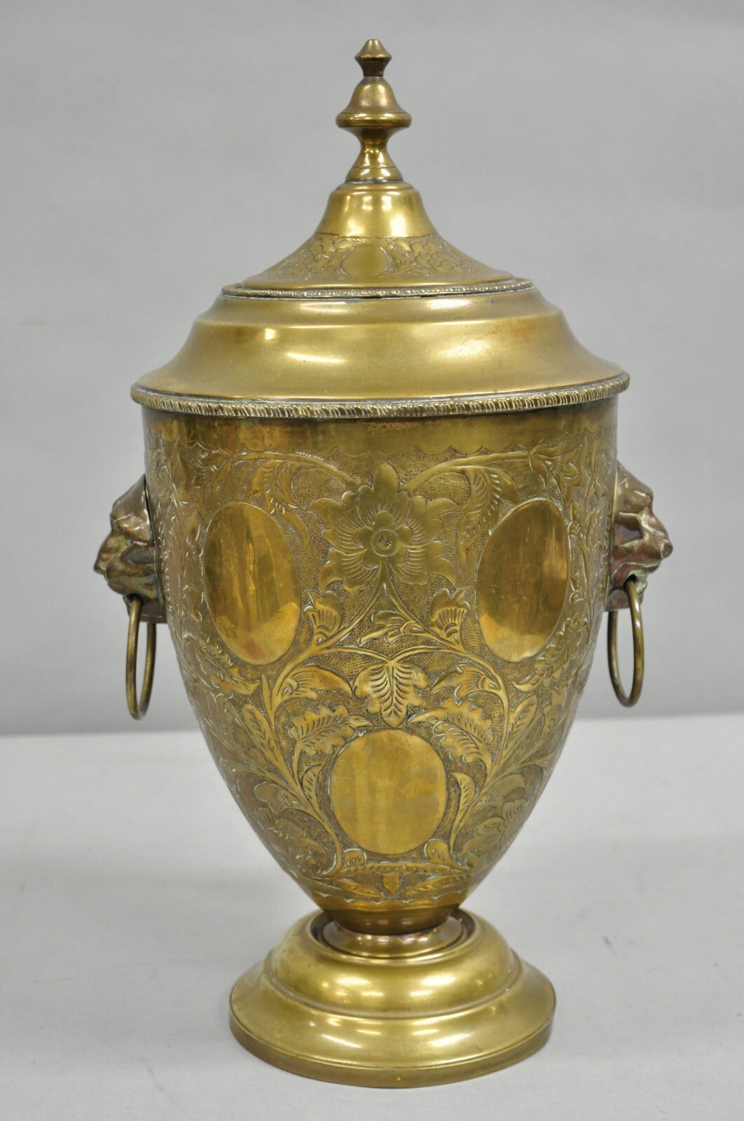 Antique Italian Renaissance Brass Floral Repousse Lions Samovar Drink Dispenser