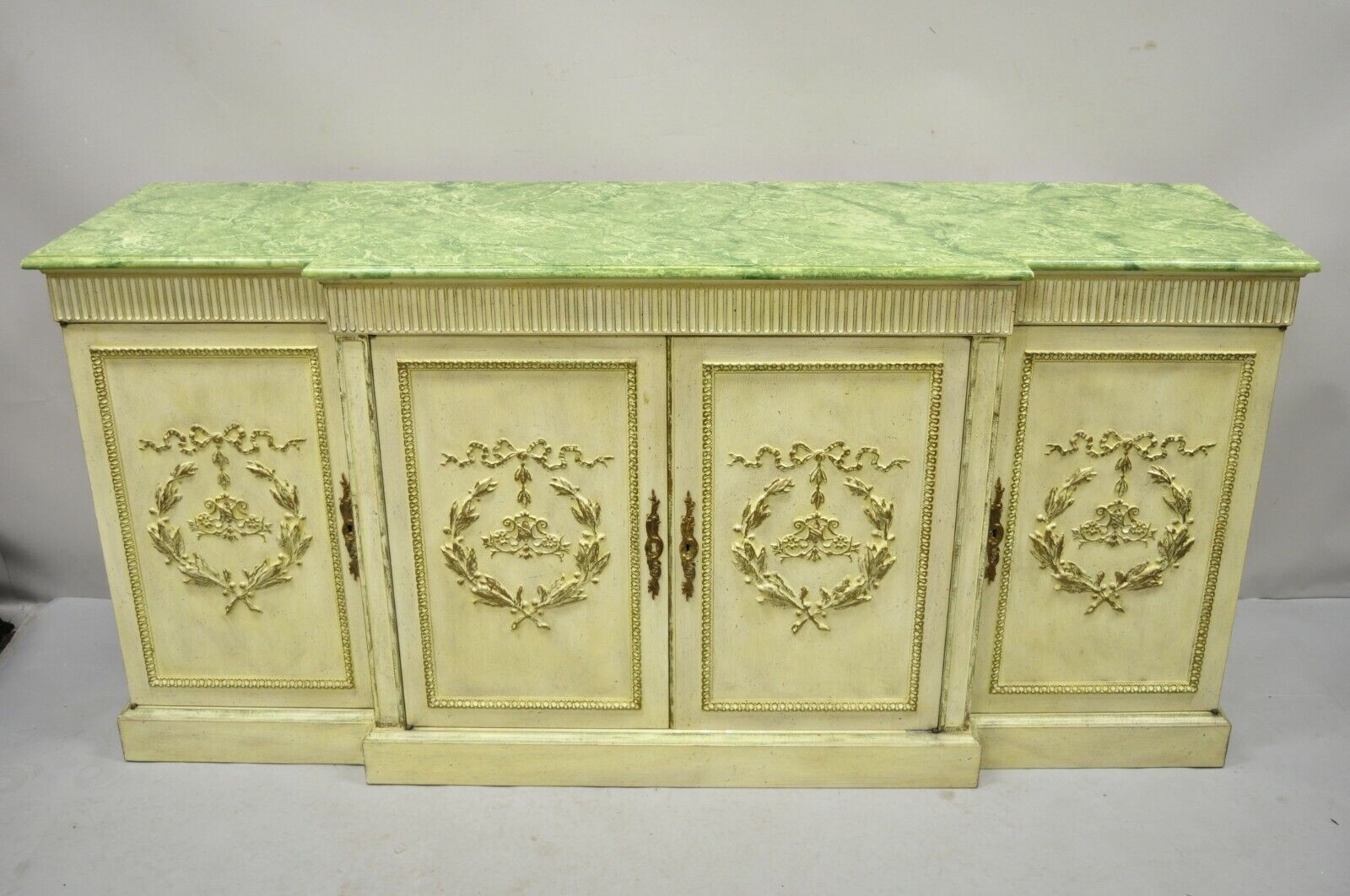 Vintage Italian Neoclassical Buffet Sideboard Credenza Green Faux Marble Top