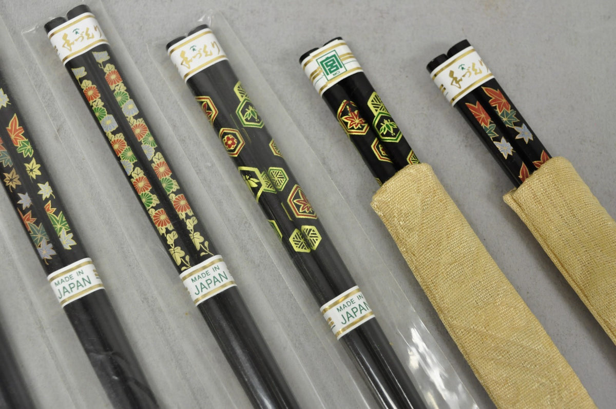Vintage Japanese Oriental Chopsticks w/ 2 Custom Silk Gold Sleeves - 6 Pc Set