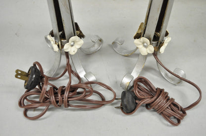 Antique Art Nouveau Wrought Iron Silver Painted Petite Boudoir Table Lamps, Pair