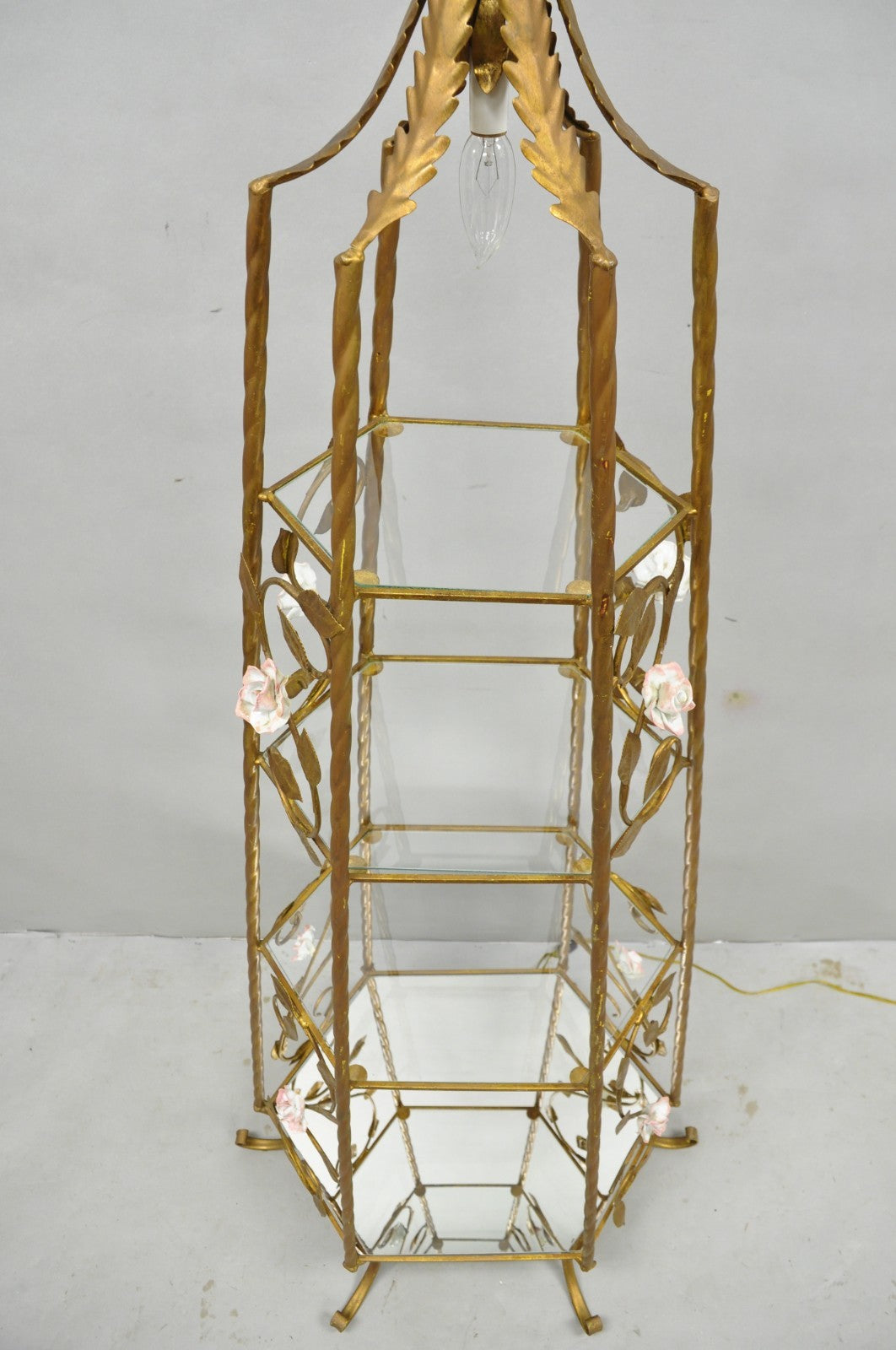Vintage Italian Hollywood Regency Gold Tole Metal 4 Tier Lighted Etagere Curio