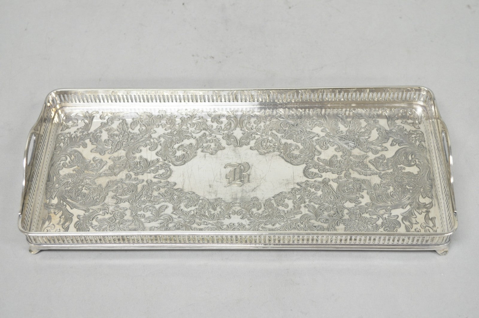 Antique Wilcox Victorian Engraved Narrow Silver Plated Trinket Dish "B" Monogram