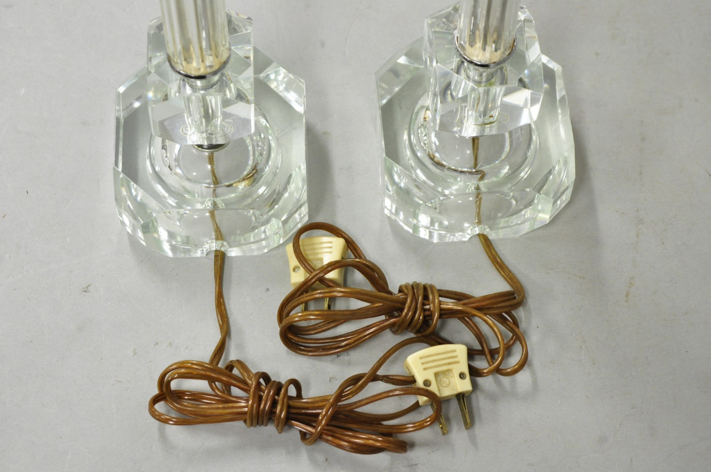 Vintage Art Deco Glass Column Candlestick Small Boudoir Vanity Bedroom Lamp Pair