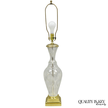 Vintage French Style Cut Crystal Glass Etched "Tulip Flower" Brass Table Lamp