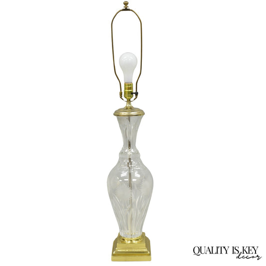 Vintage French Style Cut Crystal Glass Etched "Tulip Flower" Brass Table Lamp