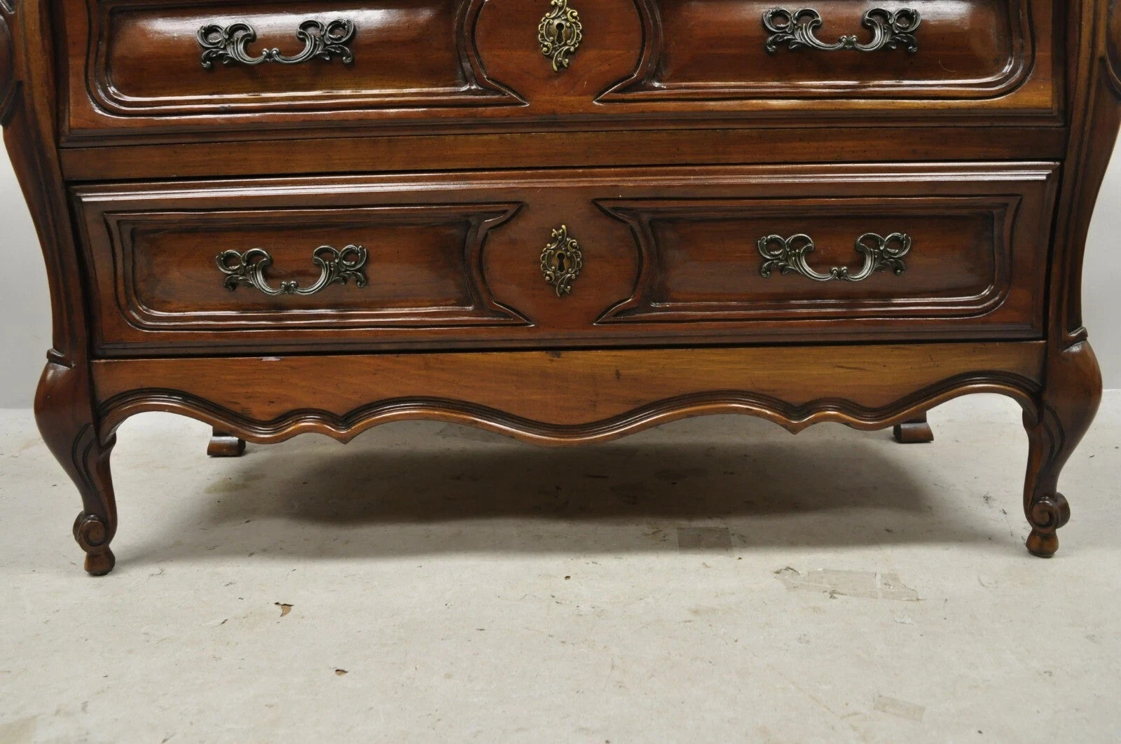 Vintage French Louis XV Country Style Sienna Cherry Bombe Commode Chest Dresser