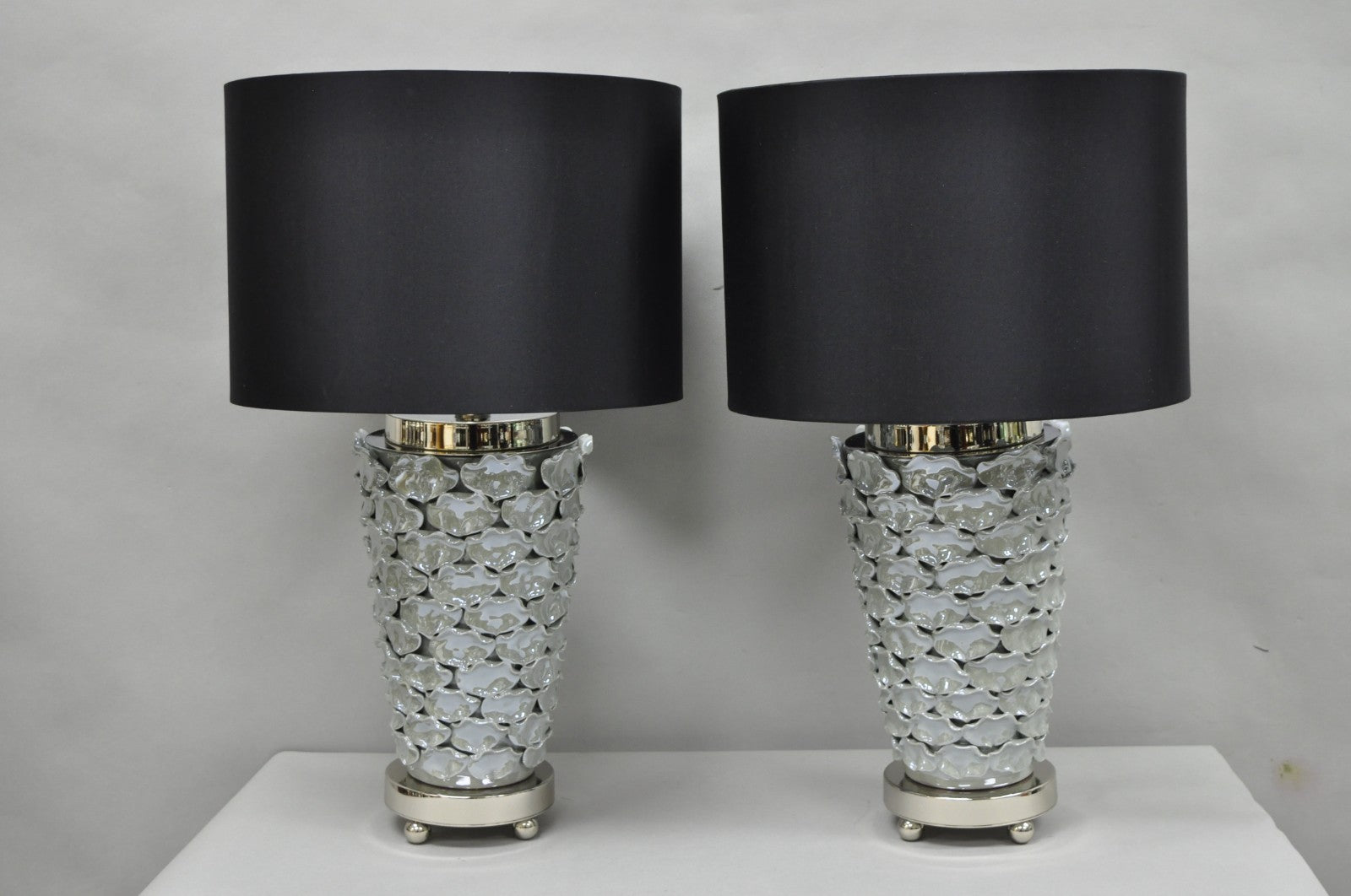 Contemporary Modern Gray Porcelain Leaf Leaves Chrome Table Lamps - a Pair