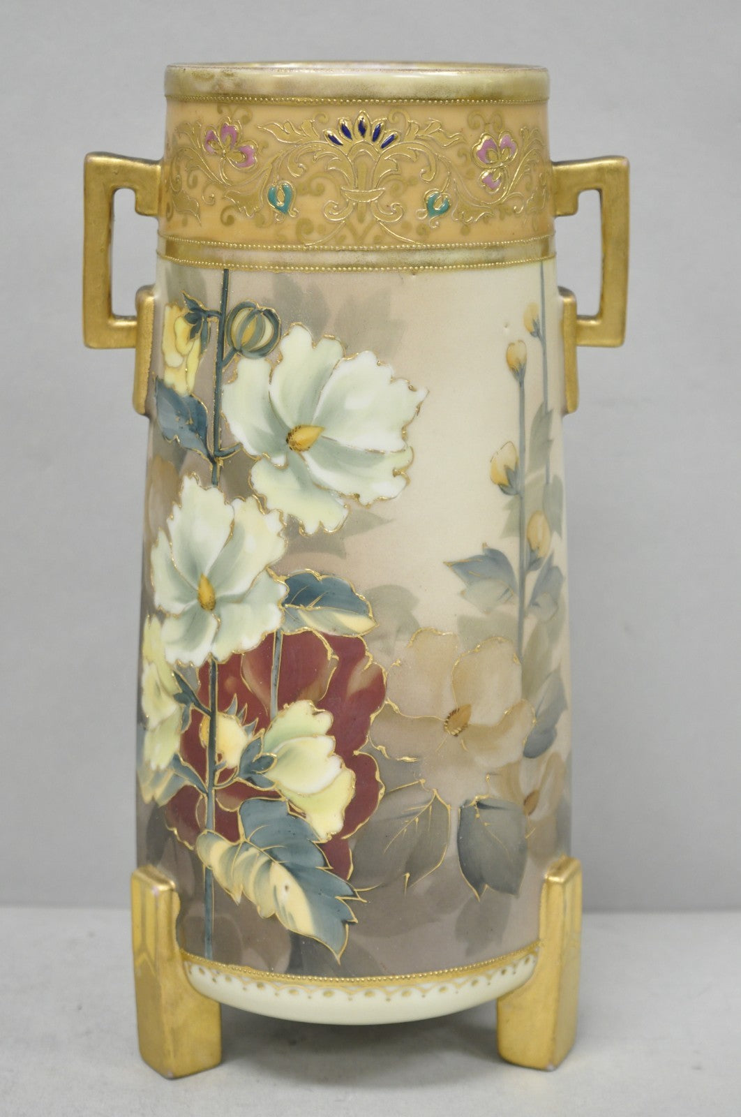 Antique Nippon Noritake Hand Painted Art Nouveau Porcelain Footed Round Vase