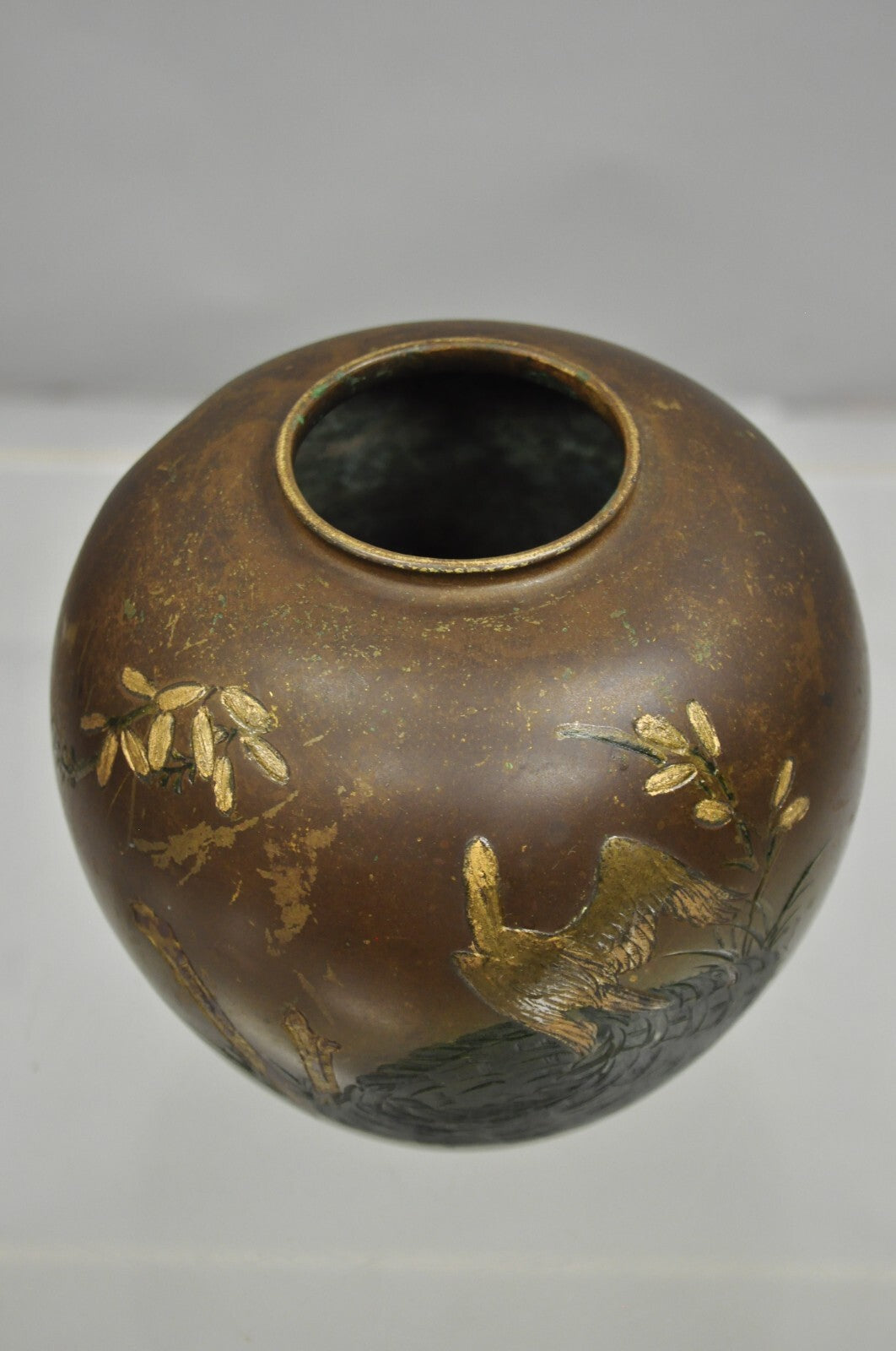Vintage Chinese Bronze Hand Painted Bird Crane Oriental Bulbous Bud Vase