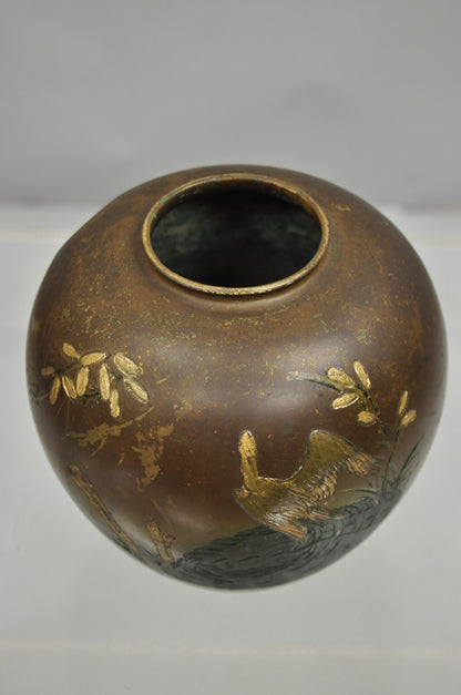 Vintage Chinese Bronze Hand Painted Bird Crane Oriental Bulbous Bud Vase