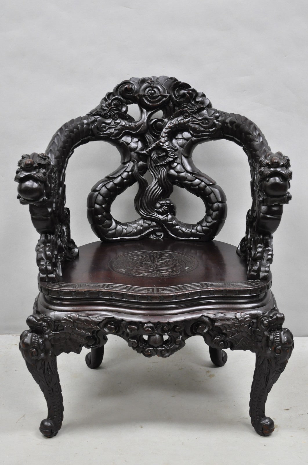Antique Japanese Dragon Carved Wood Export Oriental Palace Lounge Arm Chair