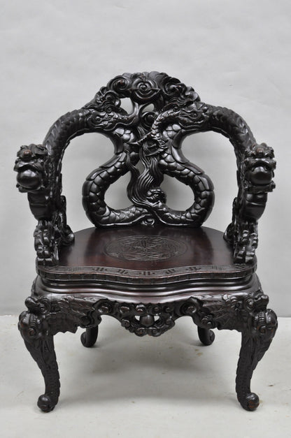 Antique Japanese Dragon Carved Wood Export Oriental Palace Lounge Arm Chair