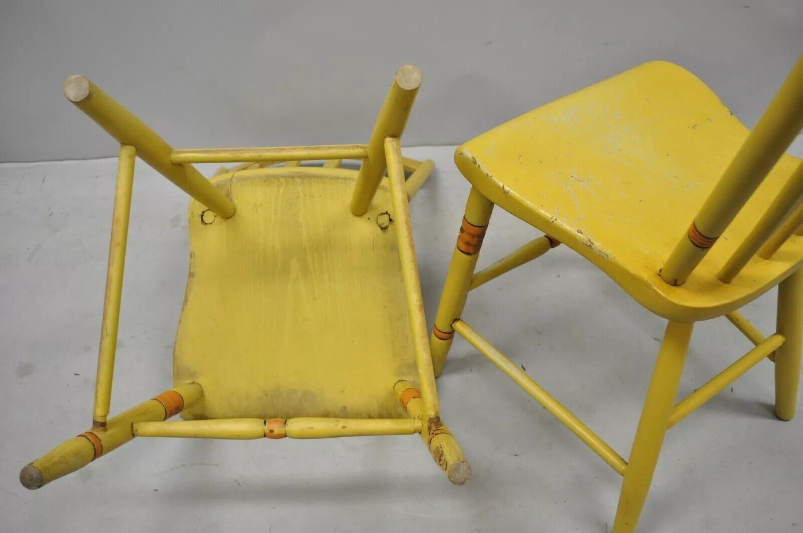 Antique Windsor Hitchcock Style Yellow Painted Plank Seat Side Chairs - a Pair