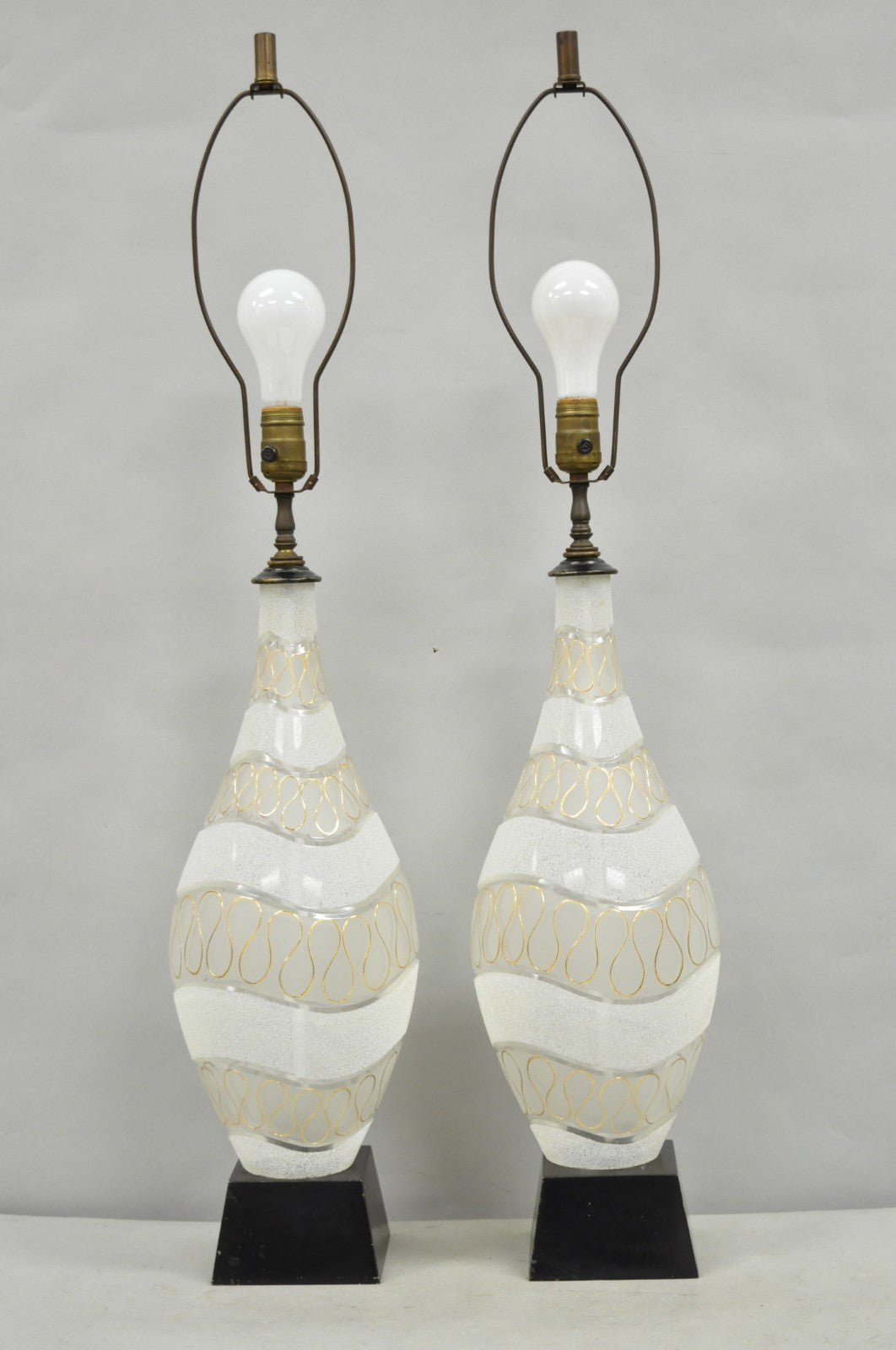 Vintage Mid Century Modern Sculpted Frosted Glass Gold Wavy Table Lamps - a Pair