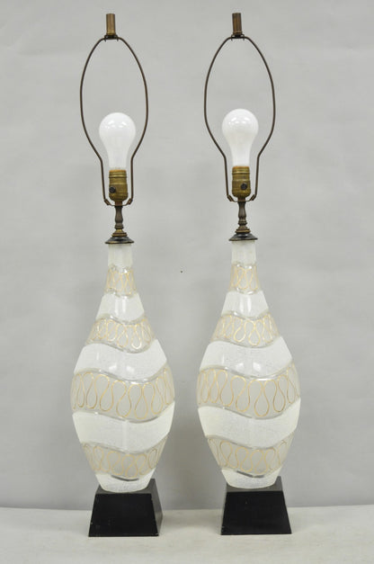 Vintage Mid Century Modern Sculpted Frosted Glass Gold Wavy Table Lamps - a Pair