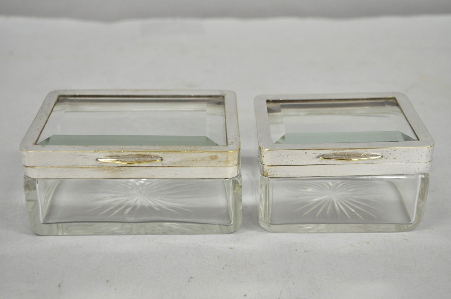 Art Deco Austrian Silver Plated Cut Glass Casket Trinket Box Set w/ Tray - 3 Pcs