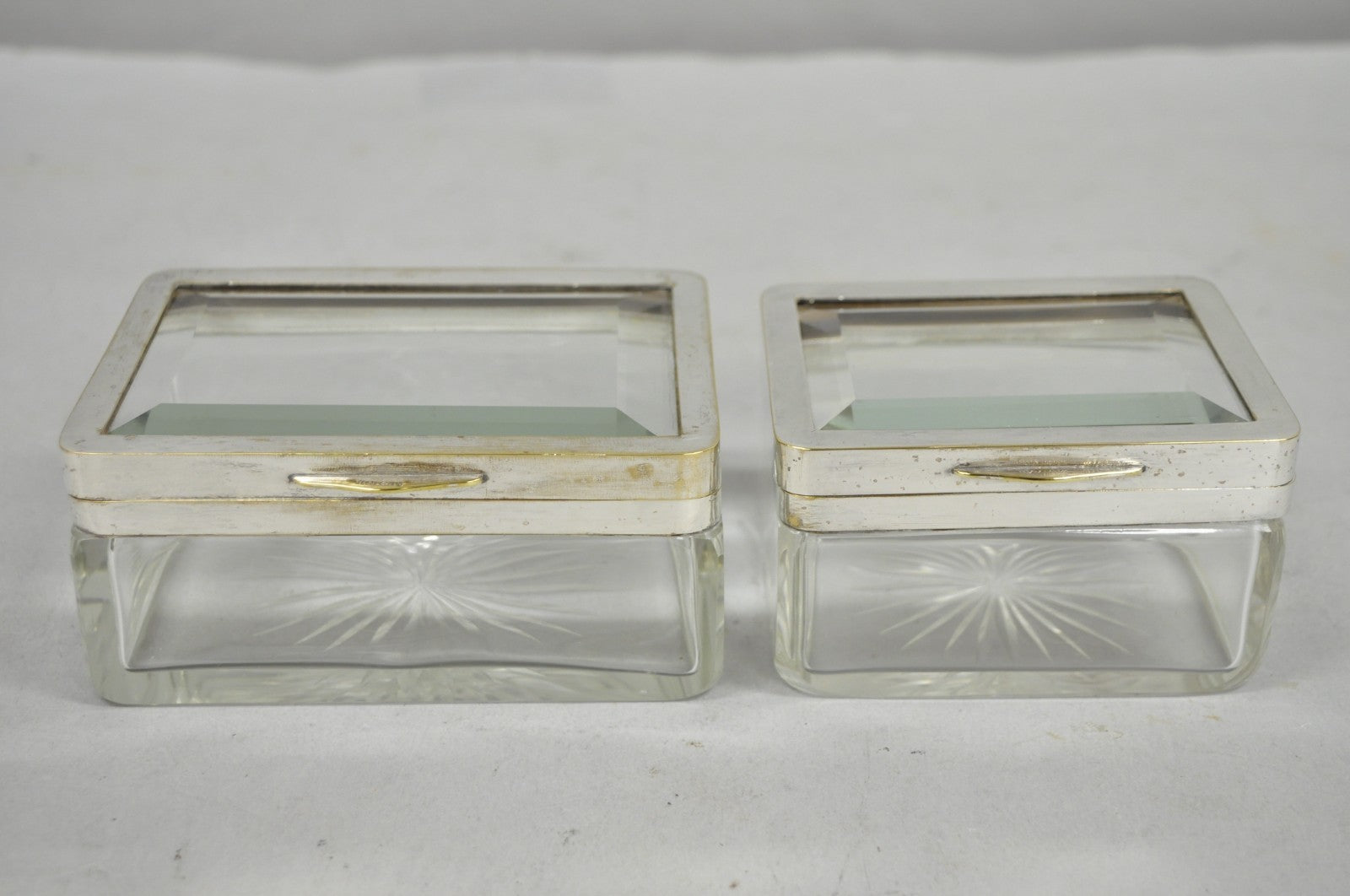 Art Deco Austrian Silver Plated Cut Glass Casket Trinket Box Set w/ Tray - 3 Pcs