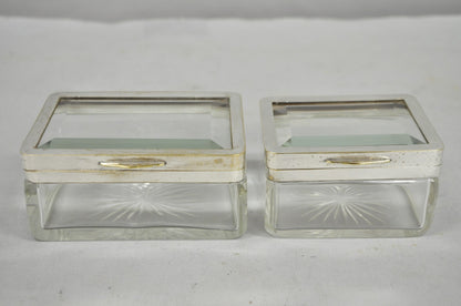 Art Deco Austrian Silver Plated Cut Glass Casket Trinket Box Set w/ Tray - 3 Pcs