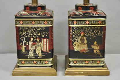 Vintage Chinoiserie Tole Metal Square English Tea Canister Table Lamps - a Pair