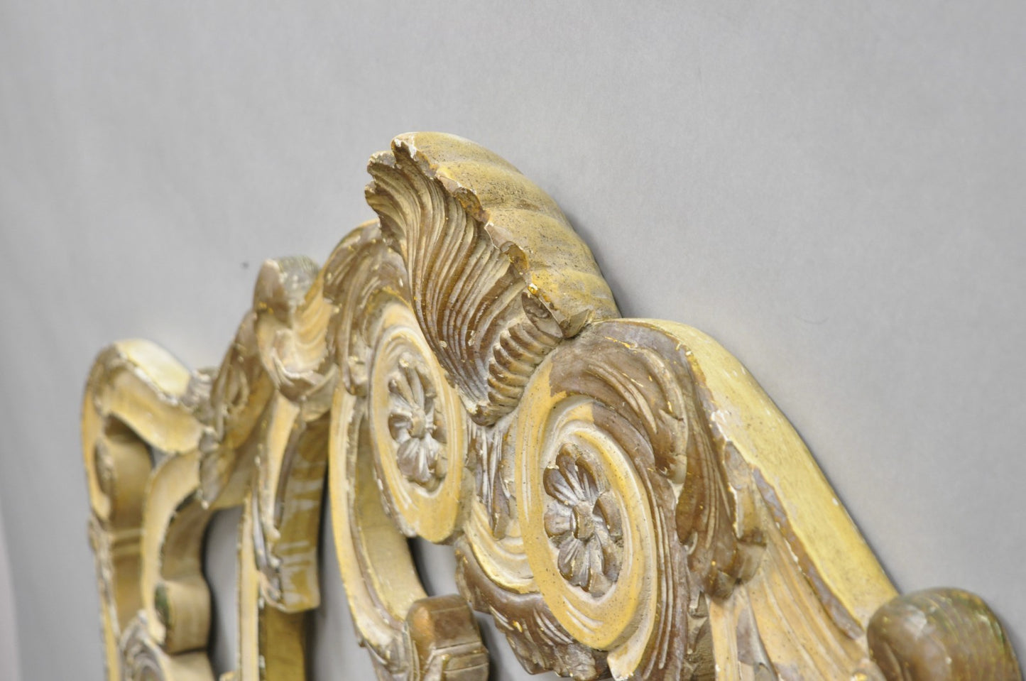 Vintage French Rococo Distressed Cream Painted Queen Size Wood Bed Headboard
