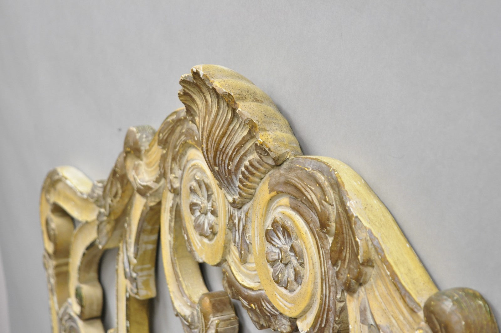 Vintage French Rococo Distressed Cream Painted Queen Size Wood Bed Headboard