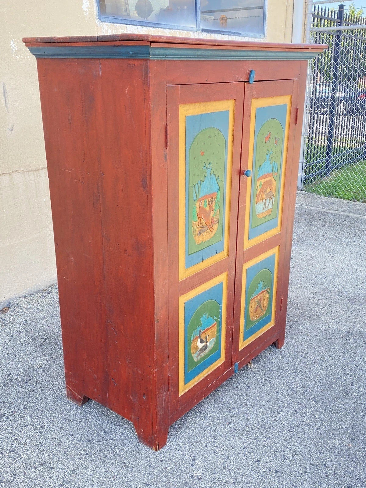 Country Farmhouse Red & Blue Forest Carved Wardrobe TV Entertainment Cabinet