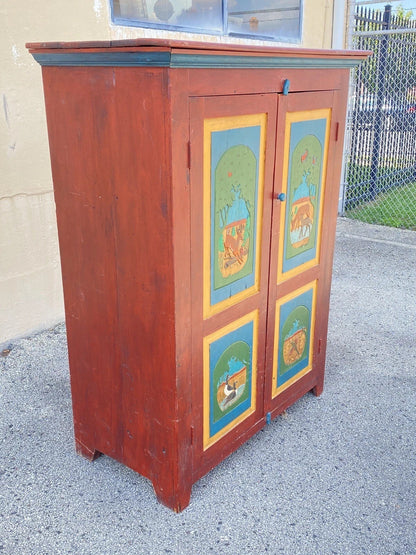 Country Farmhouse Red & Blue Forest Carved Wardrobe TV Entertainment Cabinet