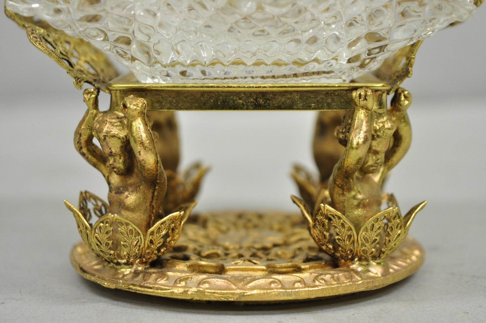 Vintage Brass Filigree Brides Basket Holder w/ Cherubs & 4 Ruffled Glass Dishes