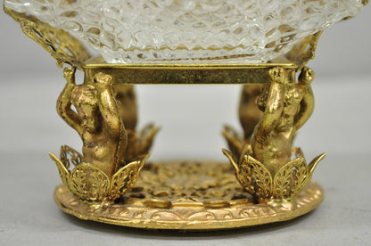 Vintage Brass Filigree Brides Basket Holder w/ Cherubs & 4 Ruffled Glass Dishes