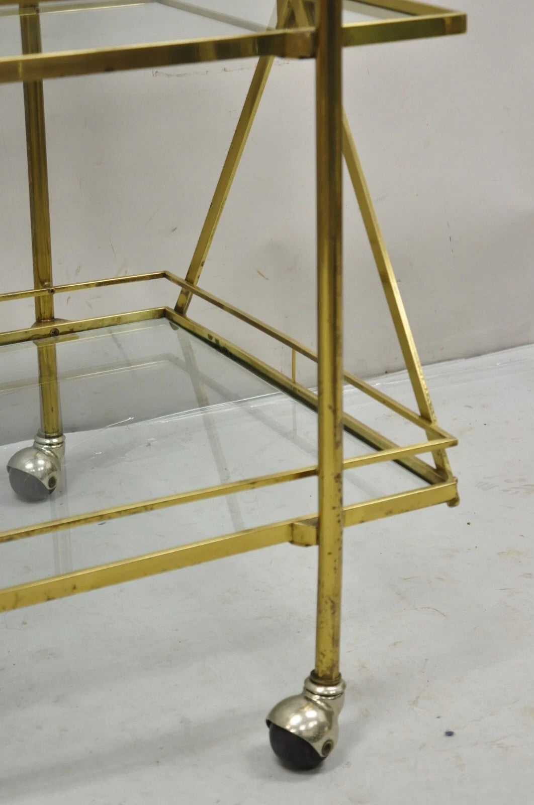 Mid Century Italian Modern 3 Tier Brass & Glass X-Frame Rolling Bar Cart Table