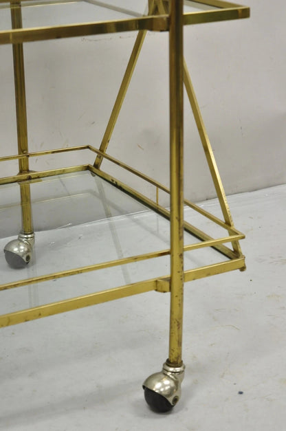 Mid Century Italian Modern 3 Tier Brass & Glass X-Frame Rolling Bar Cart Table