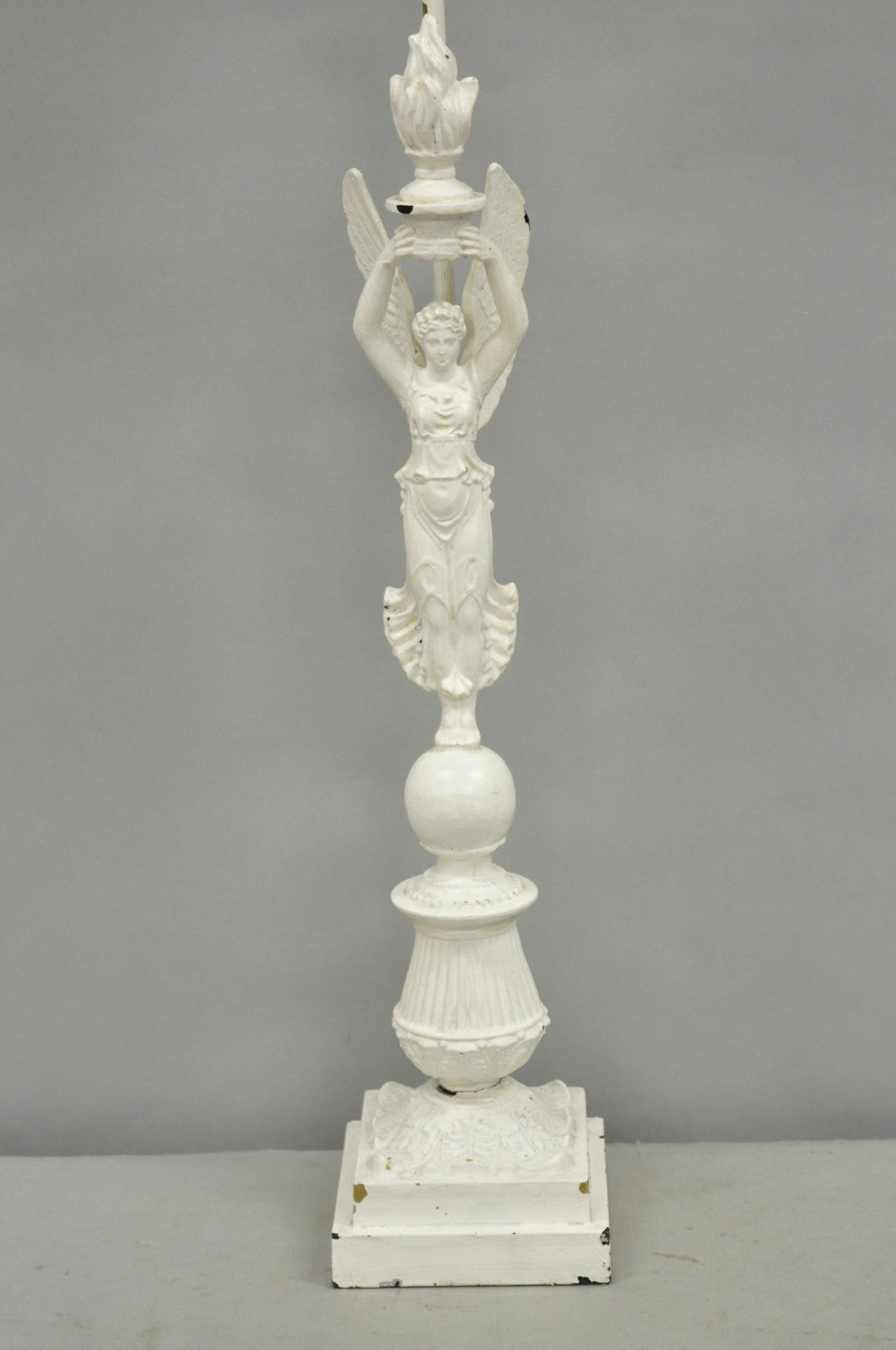 Antique French Neoclassical Metal Figural Winged Maiden Flame White Table Lamp