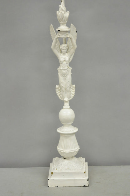 Antique French Neoclassical Metal Figural Winged Maiden Flame White Table Lamp