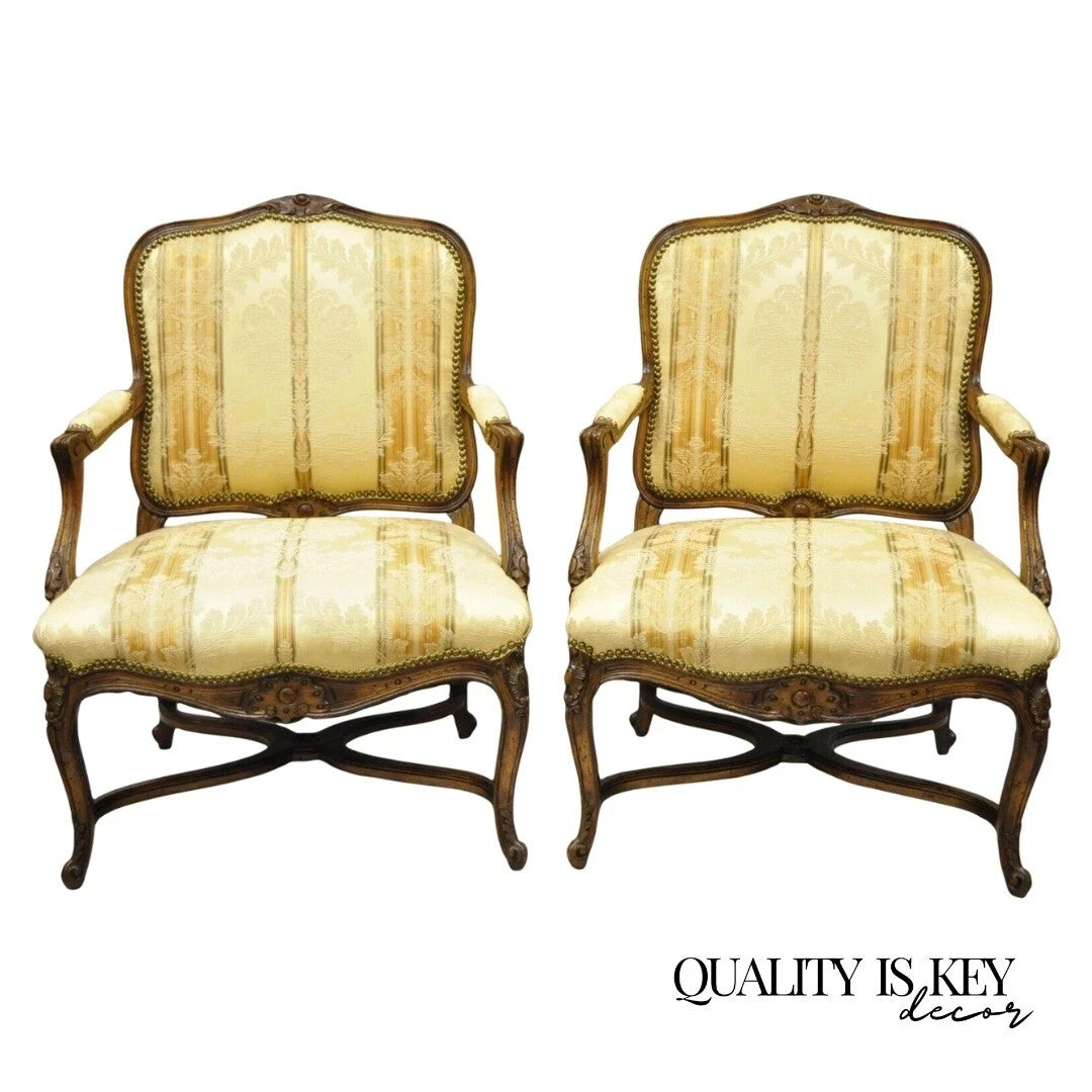 Vintage French Country Louis XV Style Carved Walnut Lounge Arm Chairs - a Pair
