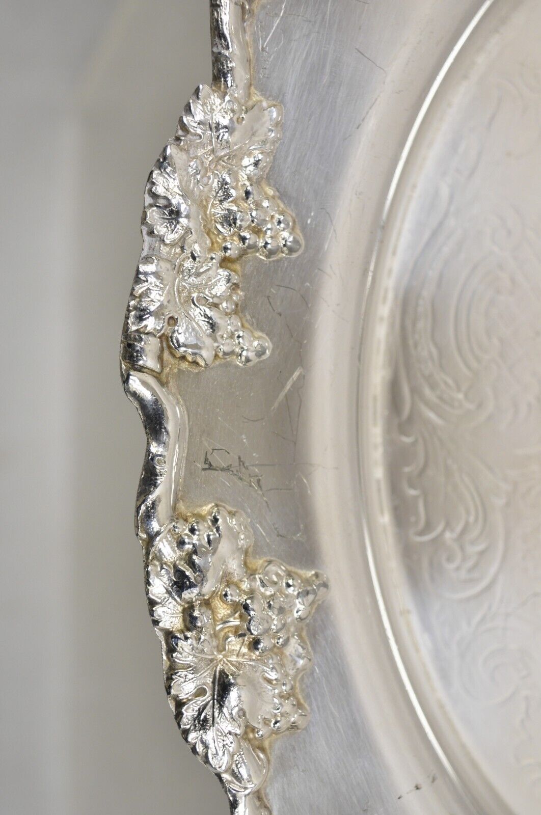 Antique English Victorian Silver Plated Grapevine Round Serving Platter Tray