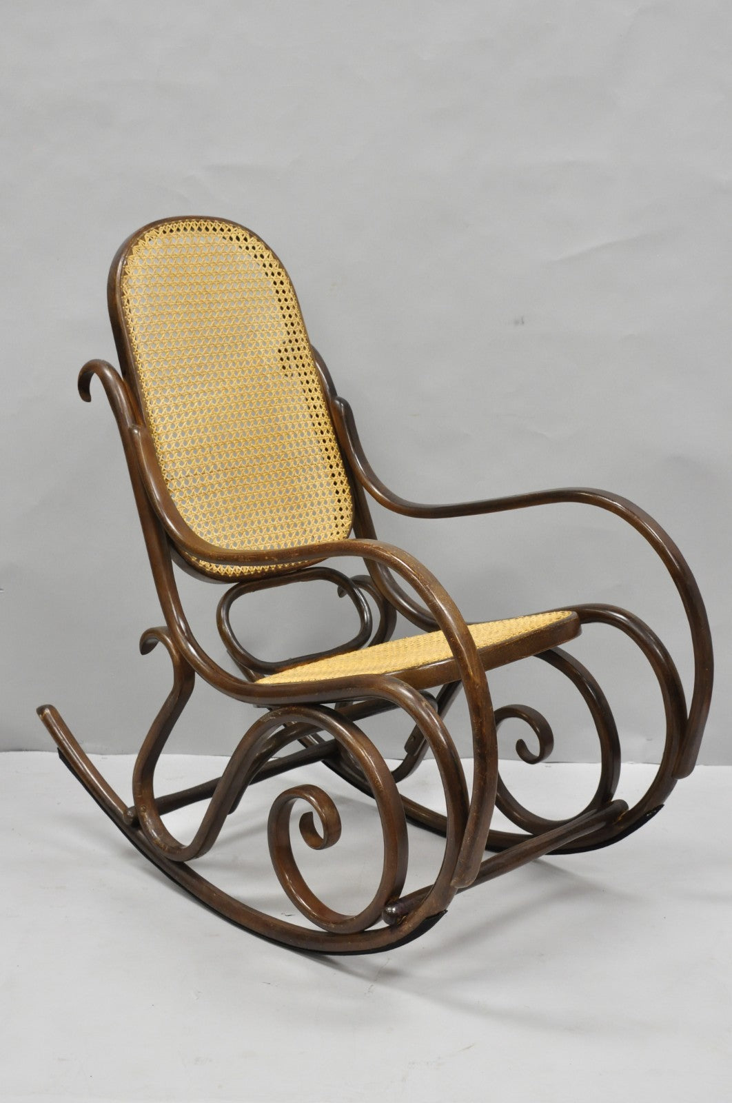 Vintage Mid Century Modern Thonet Style Bentwood & Cane Rocker Rocking Chair (A)