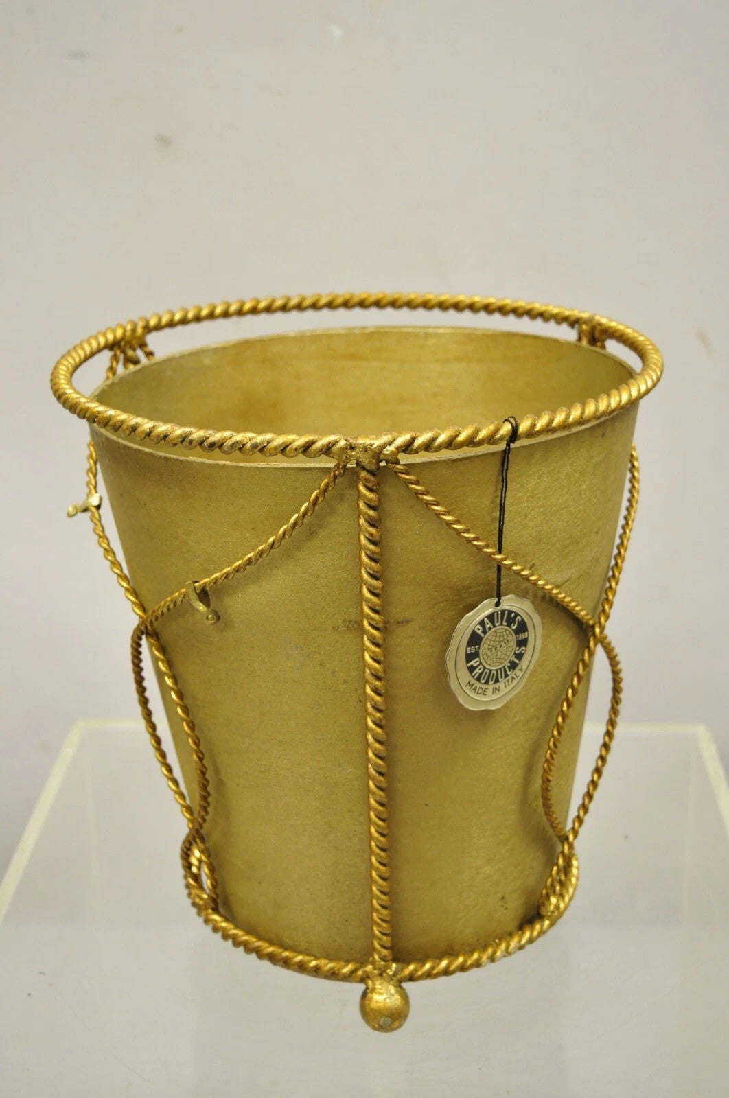 Vintage Italian Hollywood Regency Gold Gilt Iron Tole Wastebasket Trashcan