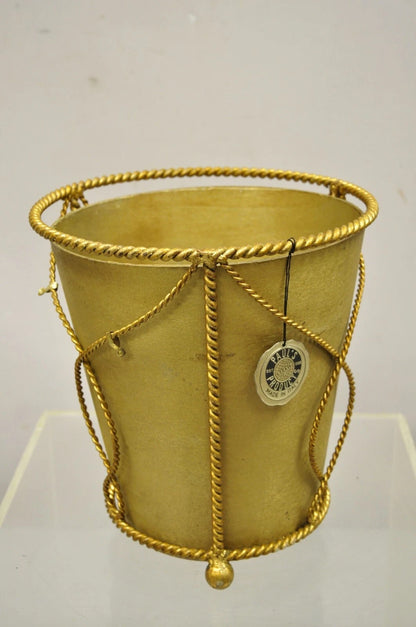 Vintage Italian Hollywood Regency Gold Gilt Iron Tole Wastebasket Trashcan