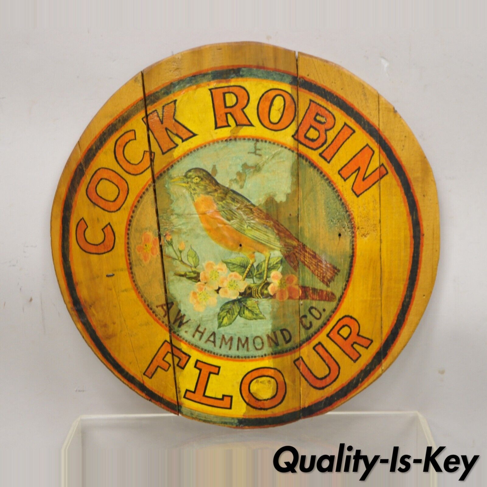 Vintage Cock Robin Flour AW Hammond Co Round Wood Advertisement Plaque