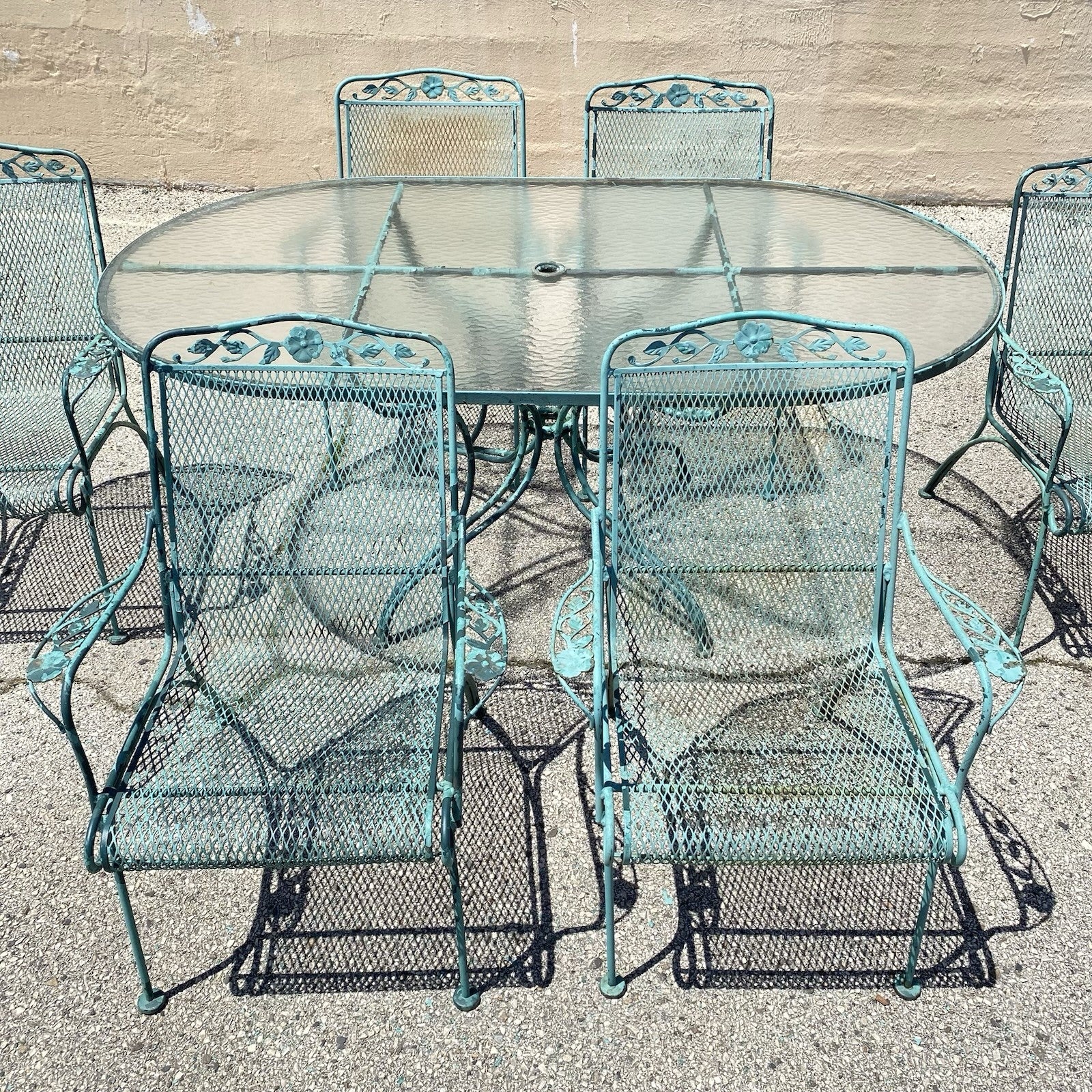Vintage Woodard Wrought Iron Patio Dining Set w/ Long Oval Dining Table - 7 Pcs