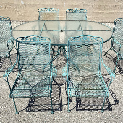 Vintage Woodard Wrought Iron Patio Dining Set w/ Long Oval Dining Table - 7 Pcs