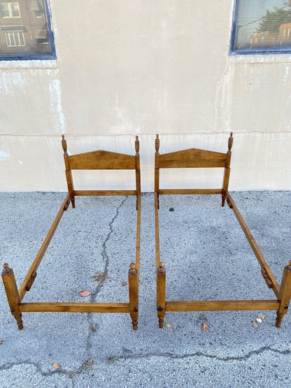 Antique Hitchcock Style Maple Wood Single Twin Bed Frames w/ Urn Finial - a Pair