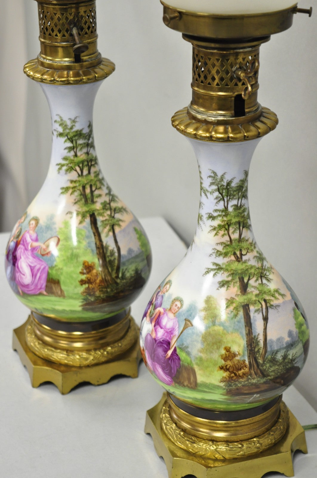 Antique French Napolean III Hand Painted Porcelain Oil Lamp Table Lamps - a Pair